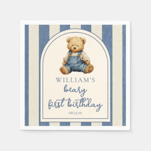 Blaues Jeans-Denim-Teddybär 1. Geburtstag Serviette