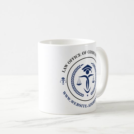 Blaues Justizlogo mit benutzerdefiniertem Text Kaffeetasse (VorderseiteRechts)