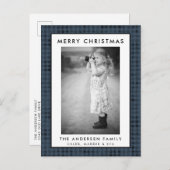 Blaues Kariertes Foto Frohe Weihnachtskarte Postkarte (Vorne/Hinten)