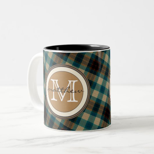 Blaues kariertes Monogramm Browns Zweifarbige Tasse (Vorderseite Links)
