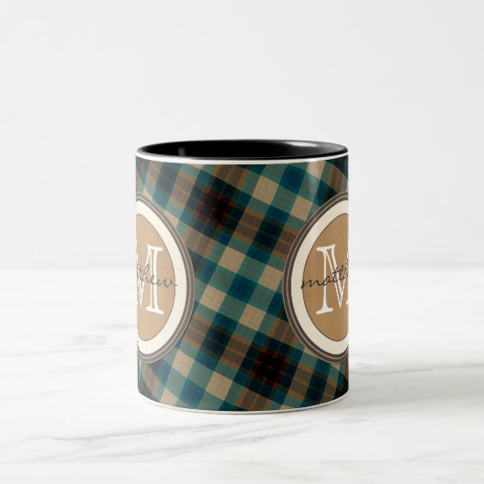 Blaues kariertes Monogramm Browns Zweifarbige Tasse (Mittel)