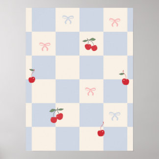 Blaues Karomuster mit Kirschen Poster