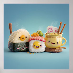 Blaues Kawaii Sushi Trio Poster