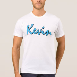 Blaues Kevin-Logo auf weißem T-Shirt