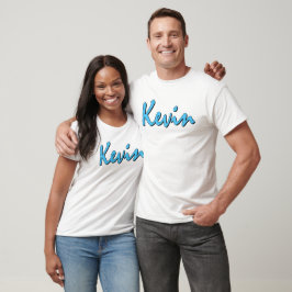 Blaues Kevin-Logo auf weißem T-Shirt