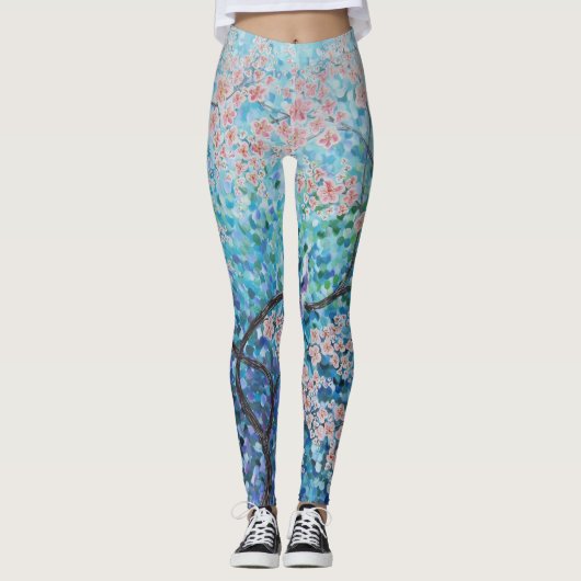 blaues Kirschblüte-Kirschblütenblumenmalereiyoga Leggings (Vorderseite)