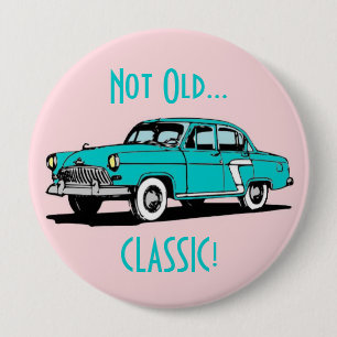 Blaues klassisches Auto-lustiger Geburtstags-Knopf Button