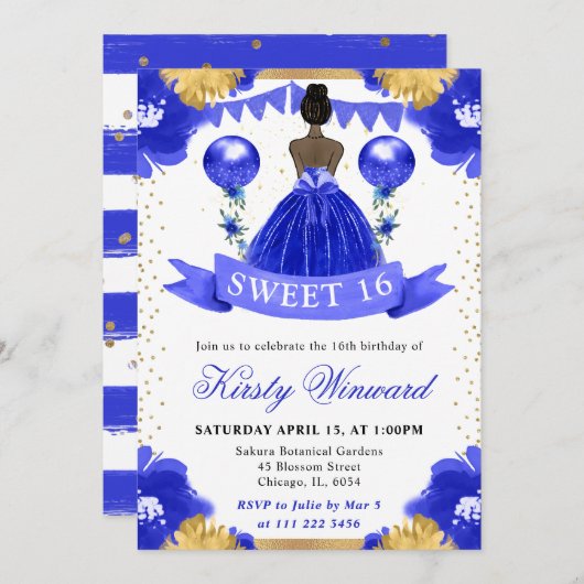 Blaues Kleid Dunkle Hautprinzessin Sweet 16 Einladung (Vorne/Hinten)