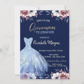 Blaues Kleid Floral Navy Blue Quinceañera Einladung (Vorderseite)