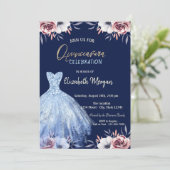Blaues Kleid Floral Navy Blue Quinceañera Einladung (Stehend Vorderseite)