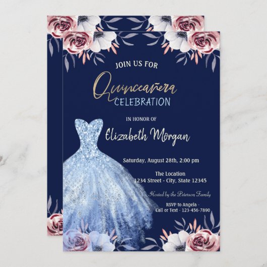Blaues Kleid Floral Navy Blue Quinceañera Einladung (Vorne/Hinten)