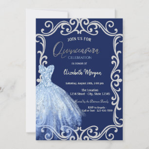 Blaues Kleid Glitterrahmen Blau Quinceañera  Einladung