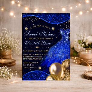 Blaues Kleid & goldene Glitterballons Sweet 16 Einladung