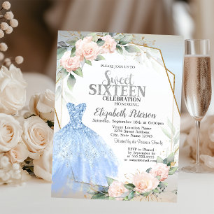 Blaues Kleid,Rosa Rosen Rahmen Silber Sweet 16  Einladung