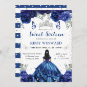 Blaues Kleid Schwarze Haare Prinzessin Sweet 16 Einladung (Vorne/Hinten)