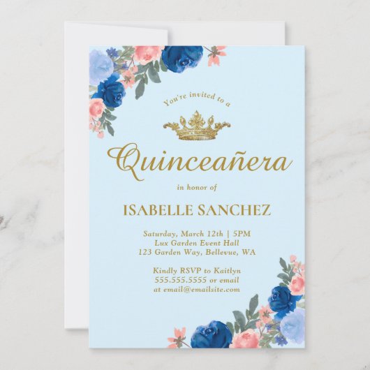 Blaues Kleid und Blumenquinceanera Einladung (Vorderseite)