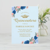 Blaues Kleid und Blumenquinceanera Einladung (Stehend Vorderseite)