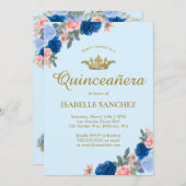 Blaues Kleid und Blumenquinceanera Einladung (Vorne/Hinten)