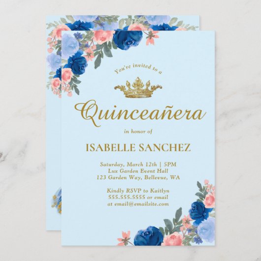 Blaues Kleid und Blumenquinceanera Einladung (Vorne/Hinten)
