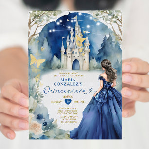 Blaues Kleid Weiße Burg Quiñceanera Einladung