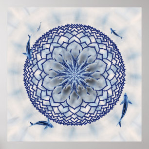 Blaues Koi Lotus Mandala-Plakat Poster