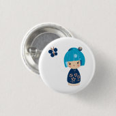 Blaues Kokeshi Dreiergruppe-Button Button (Vorne & Hinten)