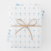 Blaues Kreuz-Herz und Punkte der heiligen Kommunio Geschenkpapier Set (Beispiel)