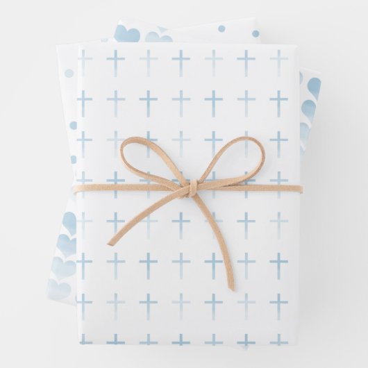 Blaues Kreuz-Herz und Punkte der heiligen Kommunio Geschenkpapier Set (Beispiel)