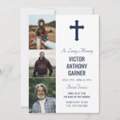 Blaues Kreuz mit 3 Fotos Weißer Begräbnisdienst Einladung (Vorderseite)