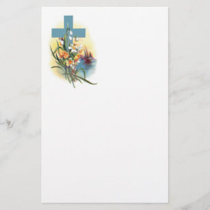 Blaues Kreuz mit Blume und Booten Briefpapier