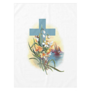 Blaues Kreuz mit Blume und Booten Tischdecke