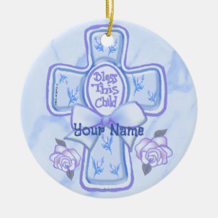 Blaues Kreuz-Ornament 'Bless This Child' Keramik Ornament