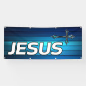 blaues Kreuz und Planken Jesus Banner (Horizontal)