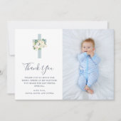 Blaues Kreuz und Weiße Blume | Foto Boy Baptisse Dankeskarte (Vorderseite)