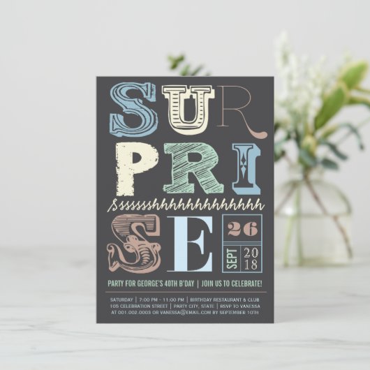 Blaues Kunst-Deko-Überraschungs-Party-erwachsener Einladung (Stehend Vorderseite)