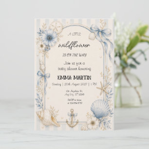 Blaues Küsten-Baby-Shower-Wildblumen-Thema Einladung