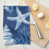 Blaues Küsten-Toile-Muster mit Korallen (2) Geschirrtuch (Viertel Falte)