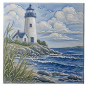 Blaues Küstenleuchtturm-Nautik-Dekor Fliese (Vorderseite)