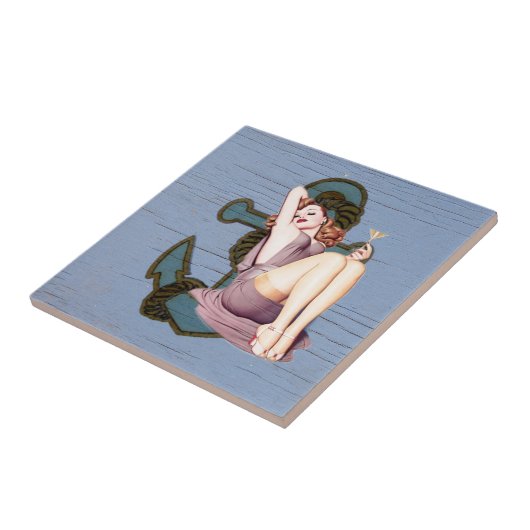 Blaues Küstenschiff und Ankerpool Party Fliese (Seite)