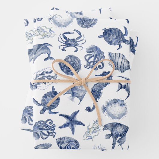 Blaues Küstenwrapping-Papier - Flachblatt Set 3 Geschenkpapier Set (Beispiel)