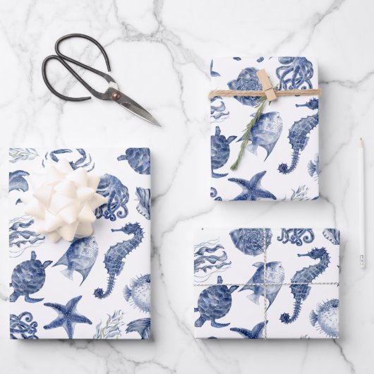 Blaues Küstenwrapping-Papier - Flachblatt Set 3 Geschenkpapier Set (Vorderseite)