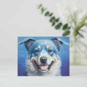 Blaues Lächeln Hund Postkarte (Stehend Vorderseite)