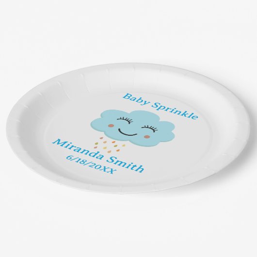 Blaues Lächeln Wolkenraindrops Baby Sprinkle Pappteller (Schrägansicht)