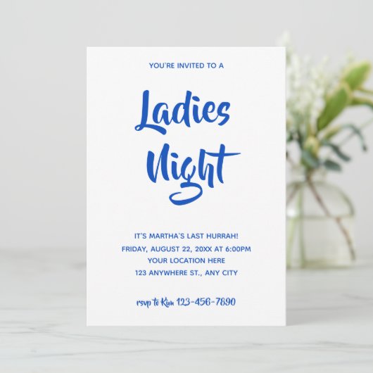 Blaues Lässiges Skript| Ladys Night Brautparty Einladung (Stehend Vorderseite)