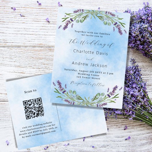 Blaues Lavendel QR Code Hochzeit Einladungspostkarte