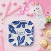 Blaues Leaf-Pottery-Motiv mit gepaarten Initialen Pappteller (Party)