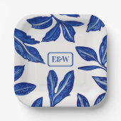 Blaues Leaf-Pottery-Motiv mit gepaarten Initialen Pappteller (Vorderseite)