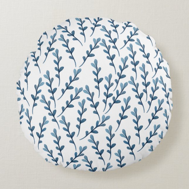 Blaues Leaf-Wasserfarbmuster - Weiß Rundes Kissen (Vorderseite)
