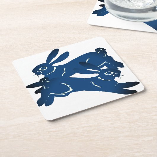 Blaues Leaping Rabbit Hare Bold Tiermuster  Rechteckiger Pappuntersetzer (angewinkelt)