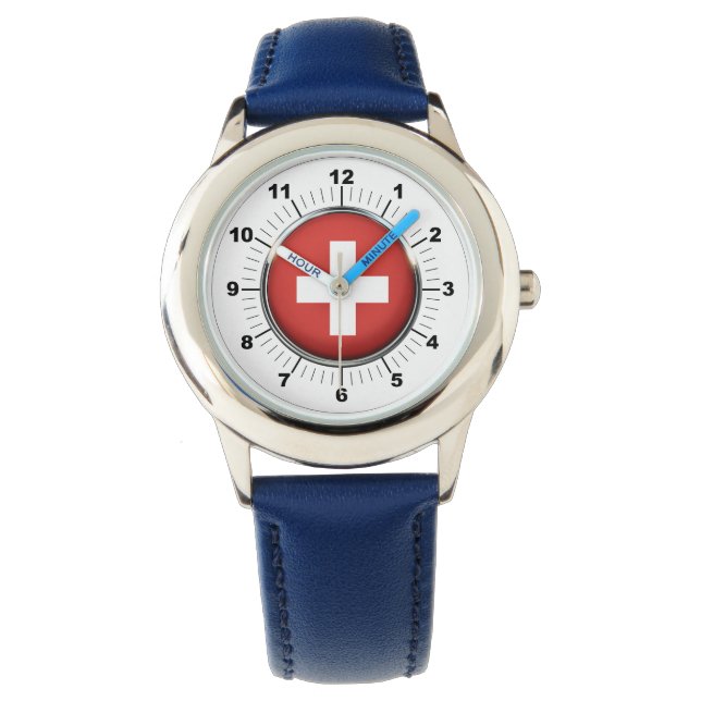 Blaues Leder-Strap-Watch für die Schweizer Flagge  Armbanduhr (Vorderseite)